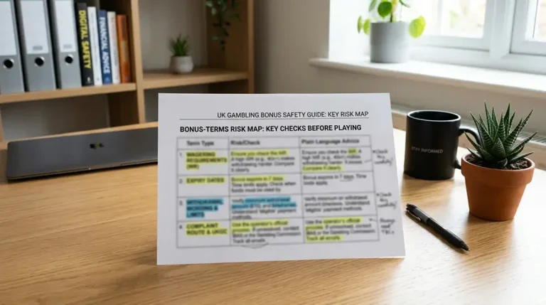 Checklist showing bonus terms, withdrawal wording and complaint route checks