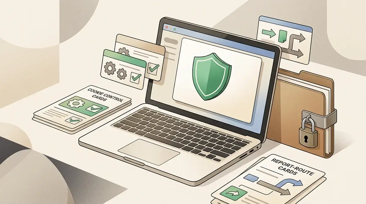 Privacy notice, cookie controls and report route cards shown beside a laptop