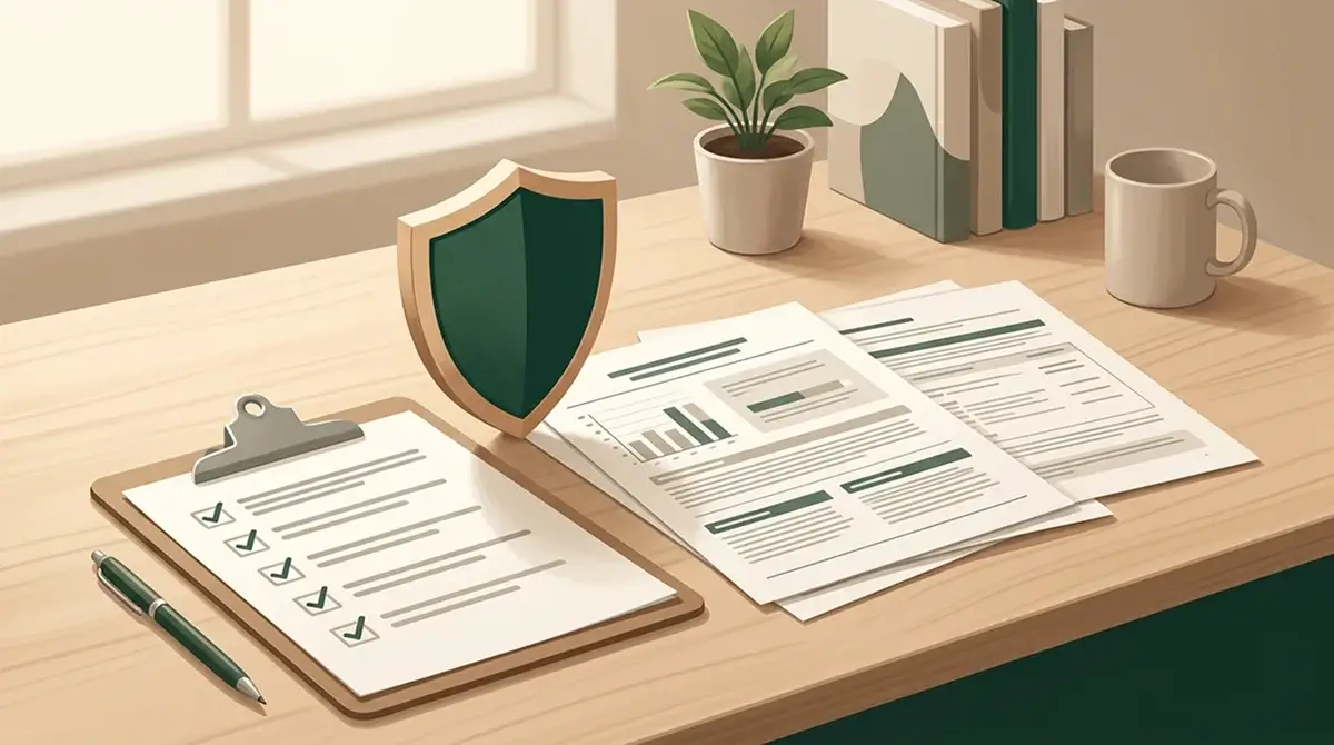 Calm desk scene showing a checklist, shield and official document for gambling-site safety checks