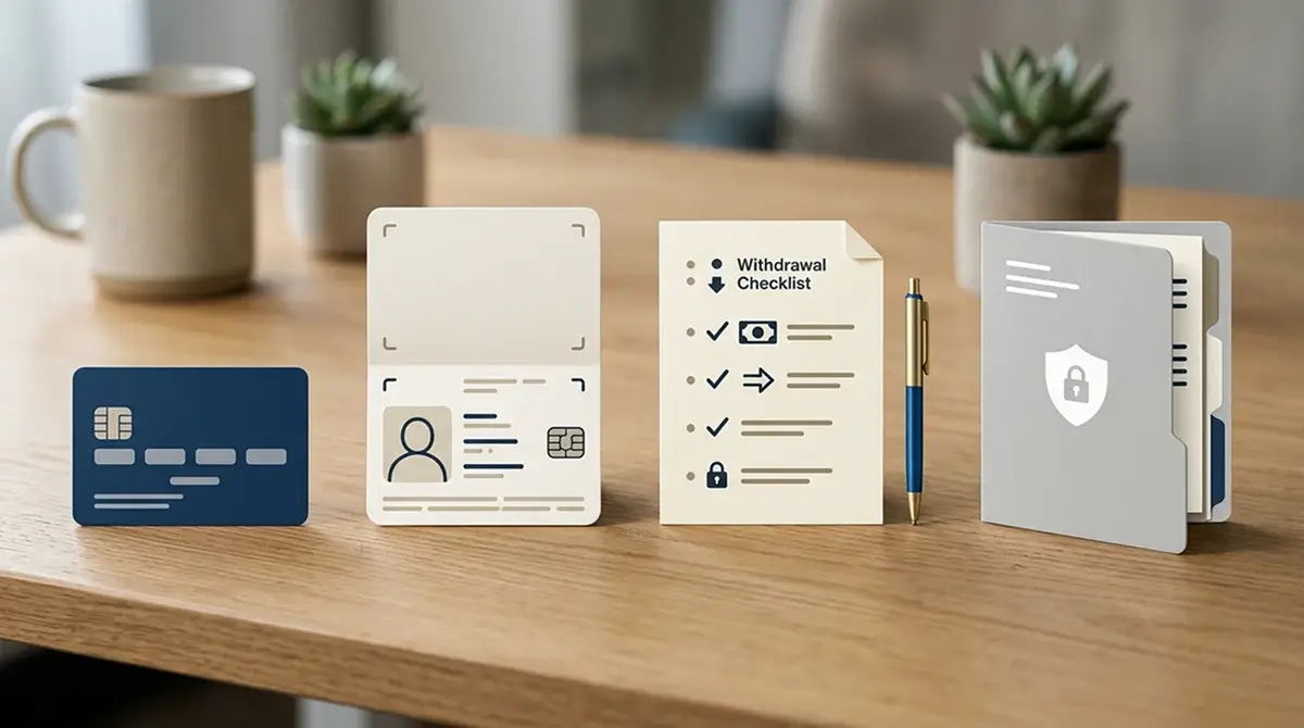 Payment card, identity document and withdrawal checklist arranged on a neutral desk