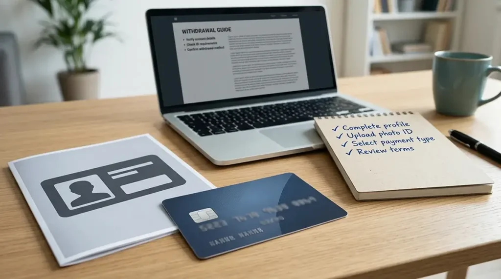 Payment, identity and withdrawal checklist on a desk