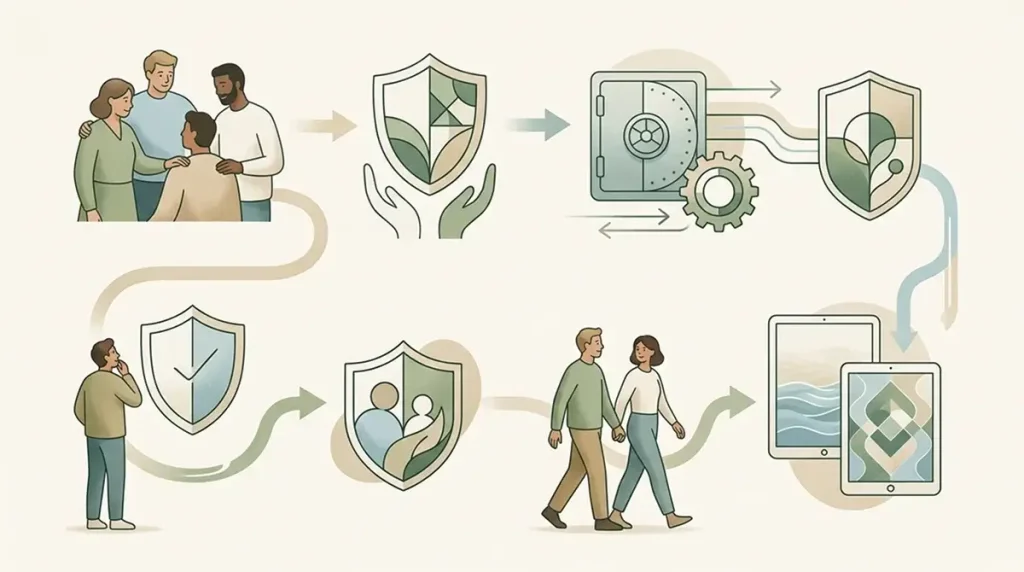 Support path connecting self-exclusion, bank blocks, blocking tools and advice services